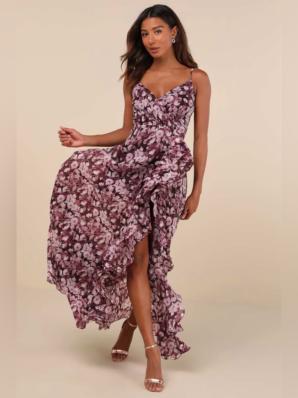 New Lulu’s Illustrious Aura Plum Purple Floral Ruffled Maxi Dress